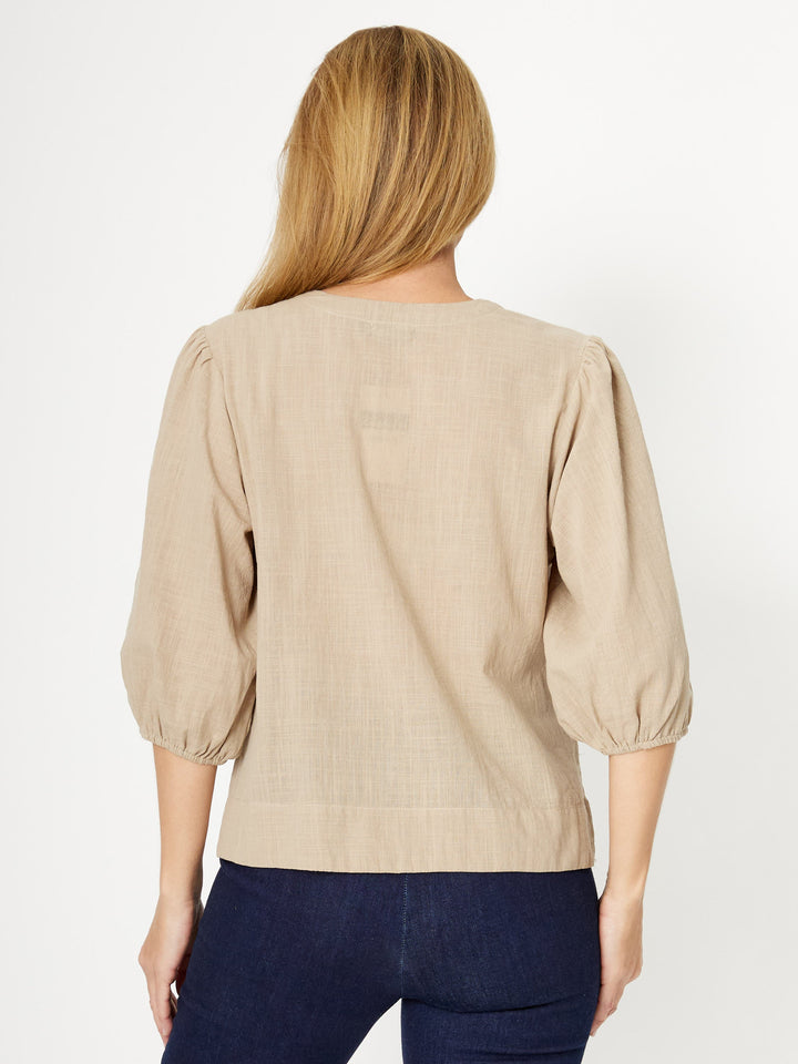 Cotton Balloon Sleeve V Shirt -Sand - 31993
