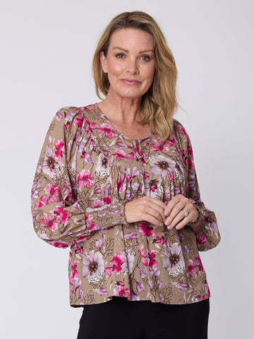 Lace Up Shirred Cuff Top - Beige/Pink - 32028 - Tops