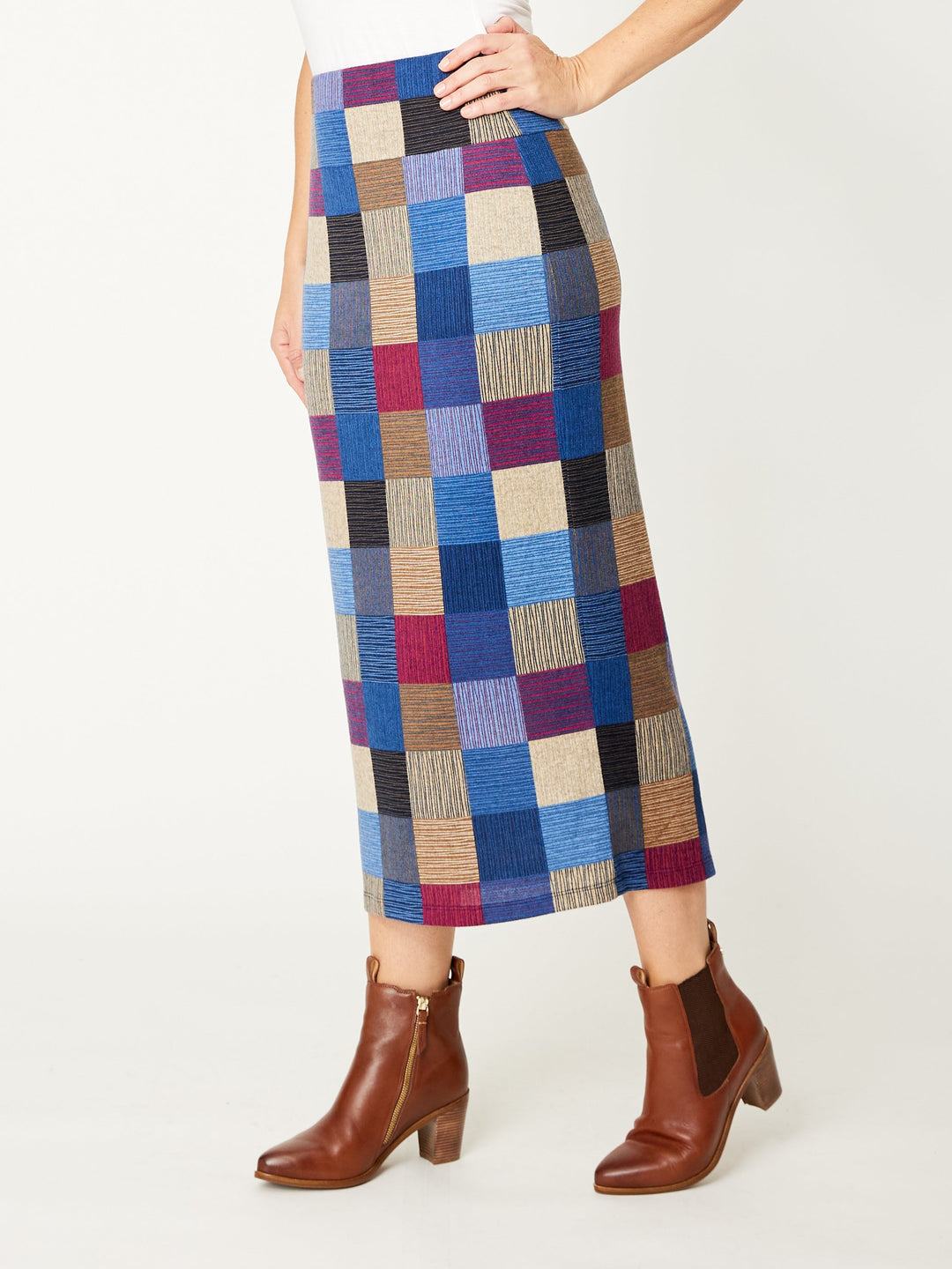 Multi Check Knit Skirt - Blue/Pink - 32073