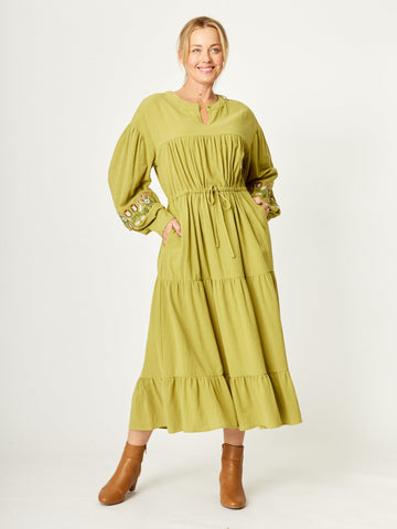 Folk Maxi Embroidered Dress - Green - 32096 - 