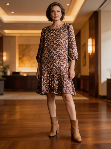 Cotton 3/4 Sleeve Tier Dress - Mocha/Pink - 32194 - New Arrivals