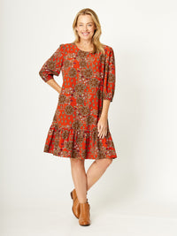 Cotton 3/4 Sleeve Tier Dress - Rust - 32194