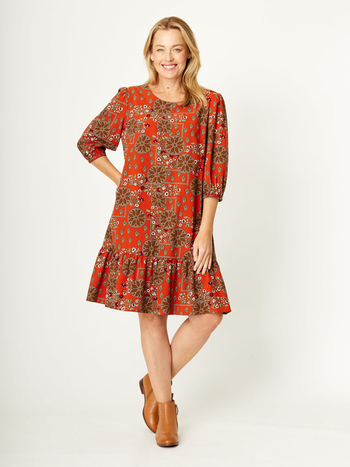 Cotton 3/4 Sleeve Tier Dress - Rust - 32194