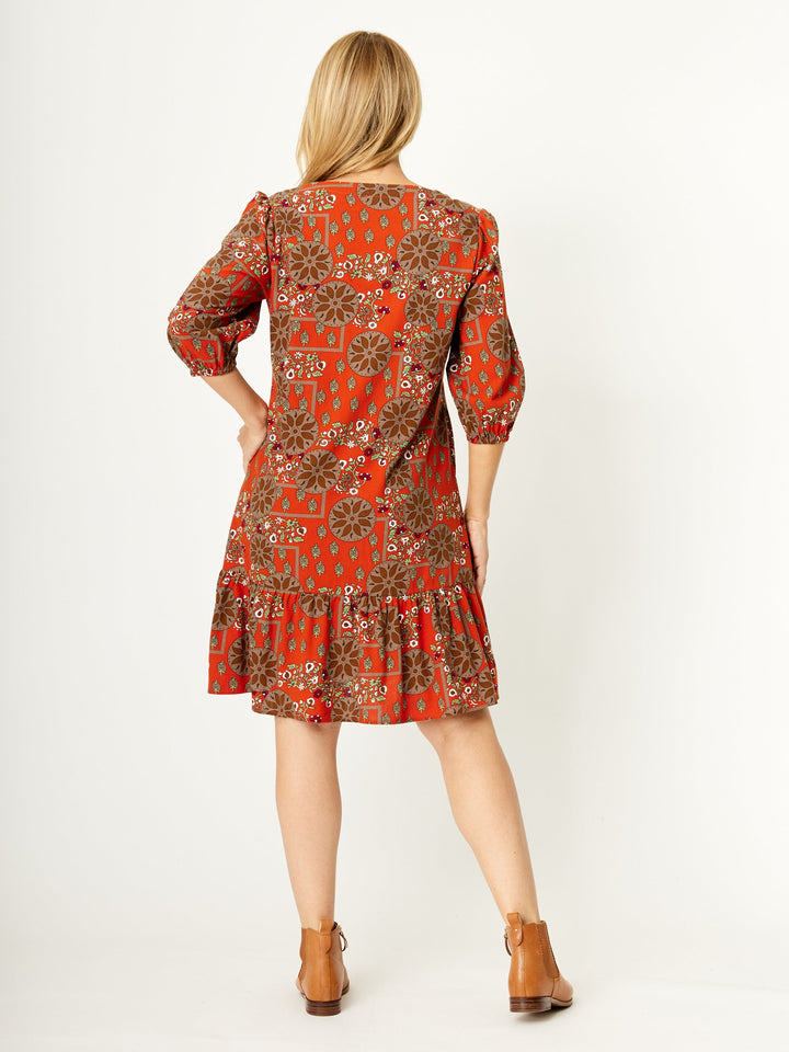 Cotton 3/4 Sleeve Tier Dress - Rust - 32194