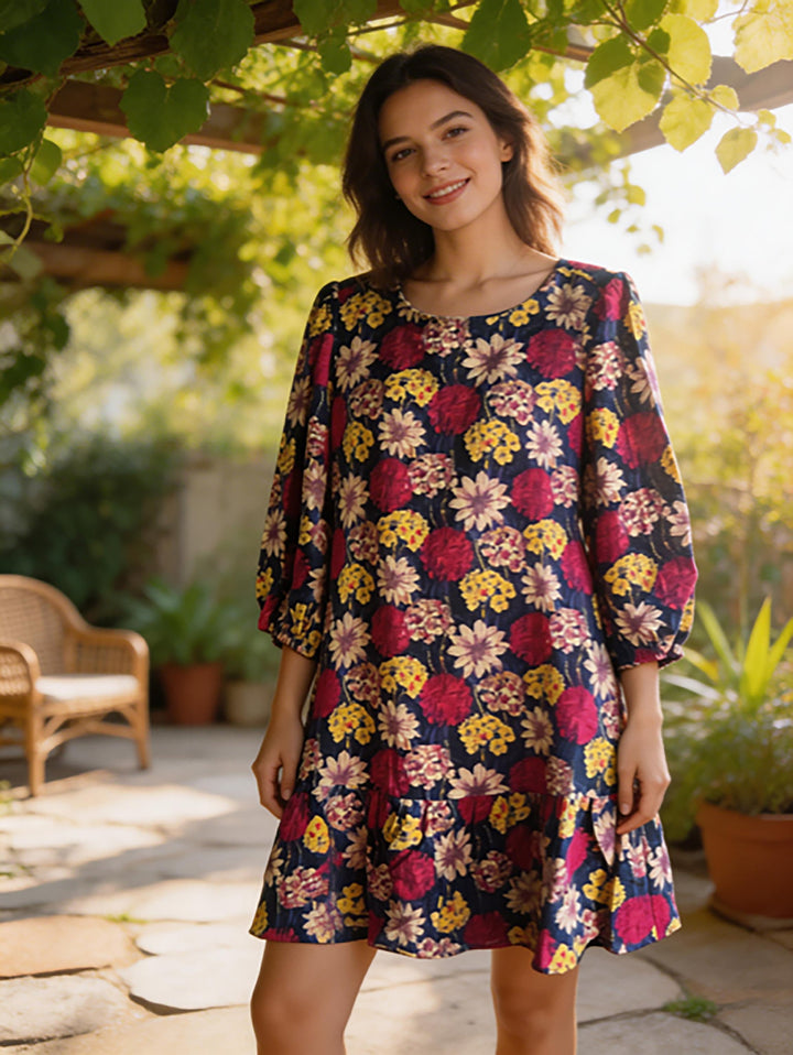 Cotton 3/4 Sleeve Tier Dress - Floral - 32194