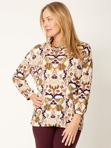 Tracey Print Loose Cowl Top - Khaki- 32195 - 