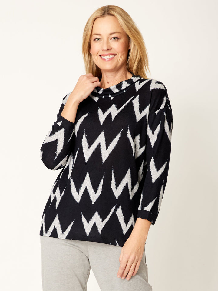 Tracey Print Loose Cowl Top - Navy - 32195