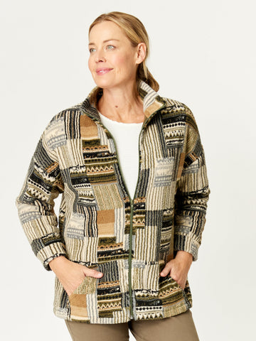 Printed Teddy Fleece Jacket - khaki -32256 - Clothes for Senior & Elderly Women