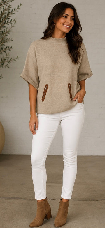 Tan Pocket Trim Knit Top- Beige - 32340 - New Arrivals
