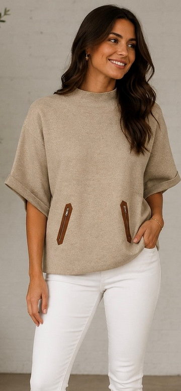 Tan Pocket Trim Knit Top- Beige - 32340 - New Arrivals