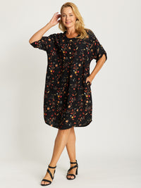 Button Invert Dress - Black print- 32506