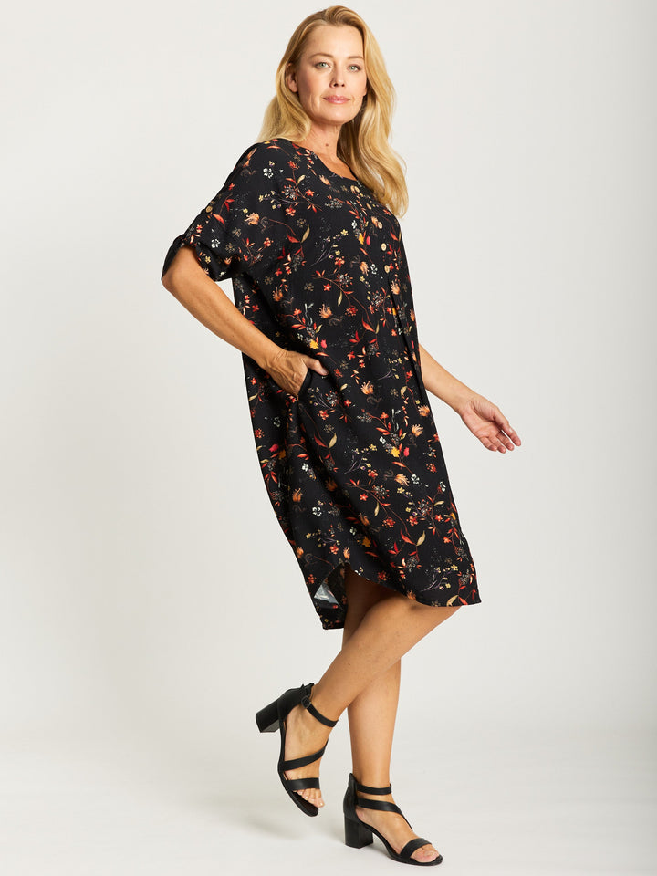 Button Invert Dress - Black print- 32506