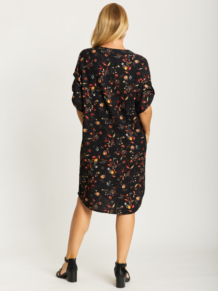 Button Invert Dress - Black print- 32506