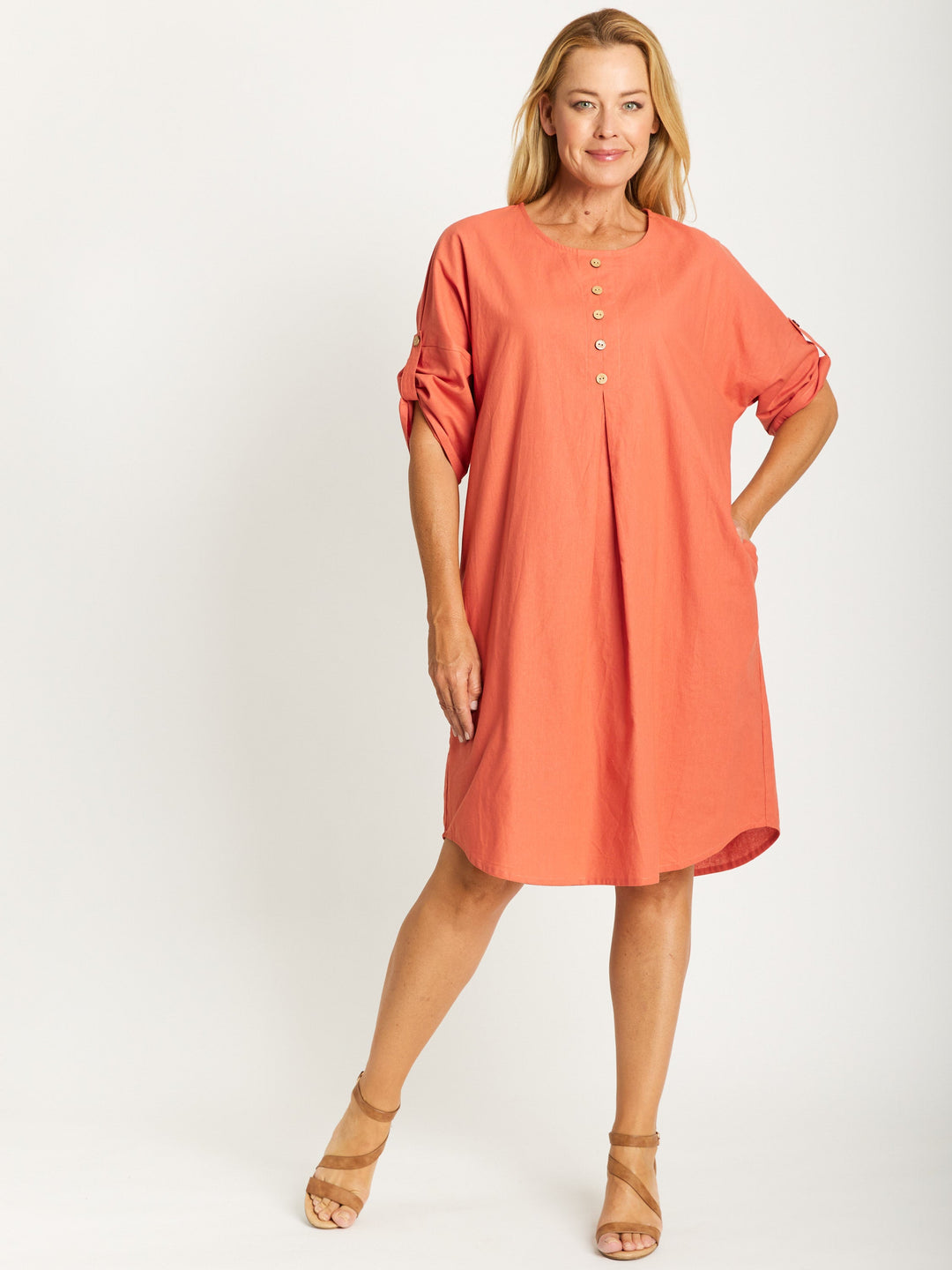 Invert Cotton Linen Blend Dress - Rust -32507