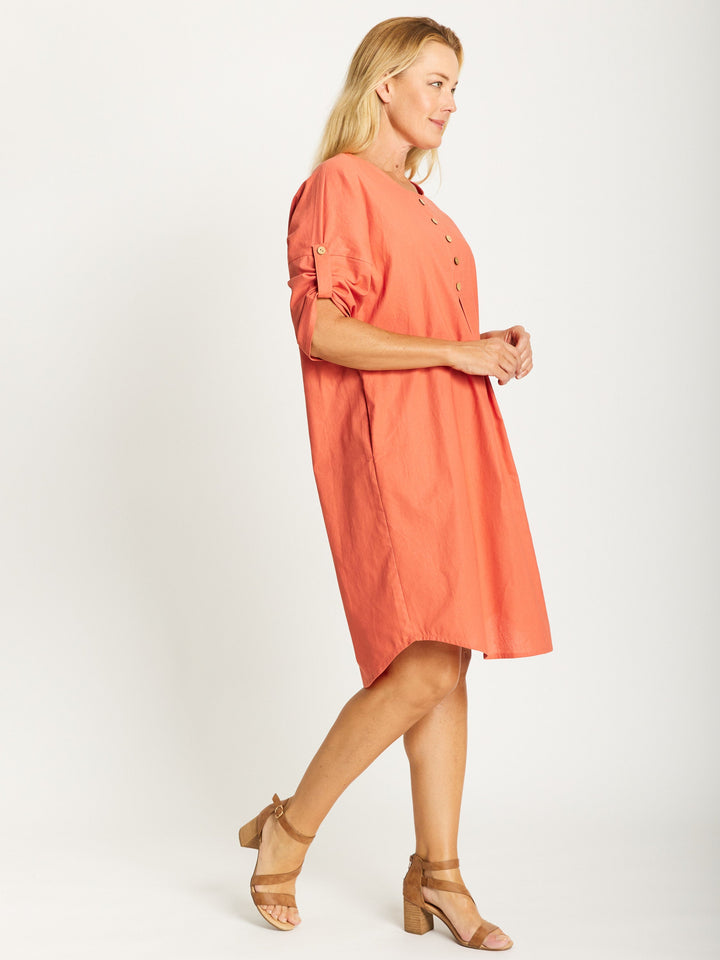 Invert Cotton Linen Blend Dress - Rust -32507
