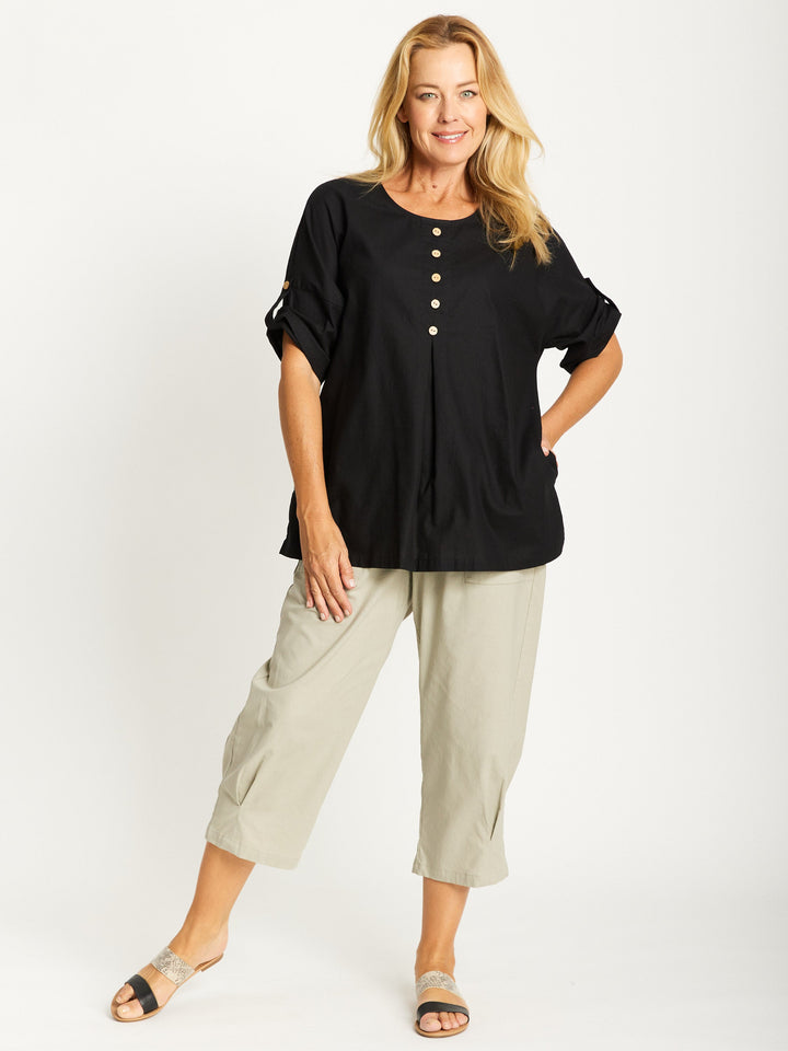 Button Invert Cotton Linen Top - Black -32508