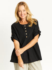 Button Invert Cotton Linen Top - Black -32508