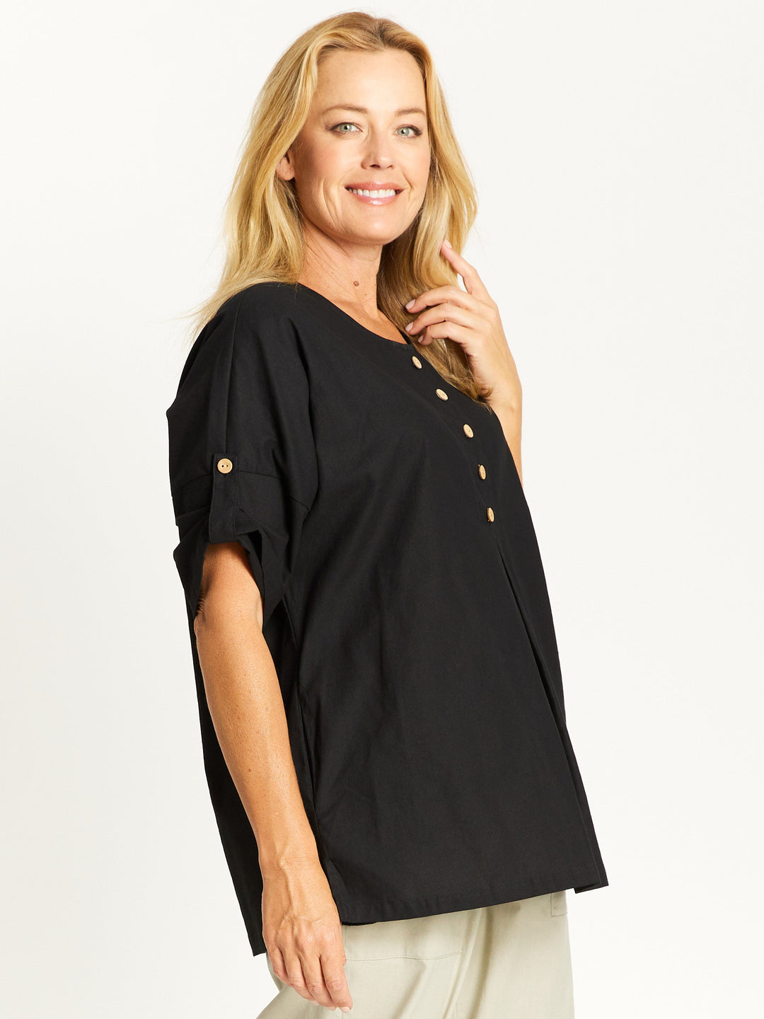 Button Invert Cotton Linen Top - Black -32508