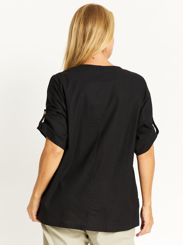 Button Invert Cotton Linen Top - Black -32508