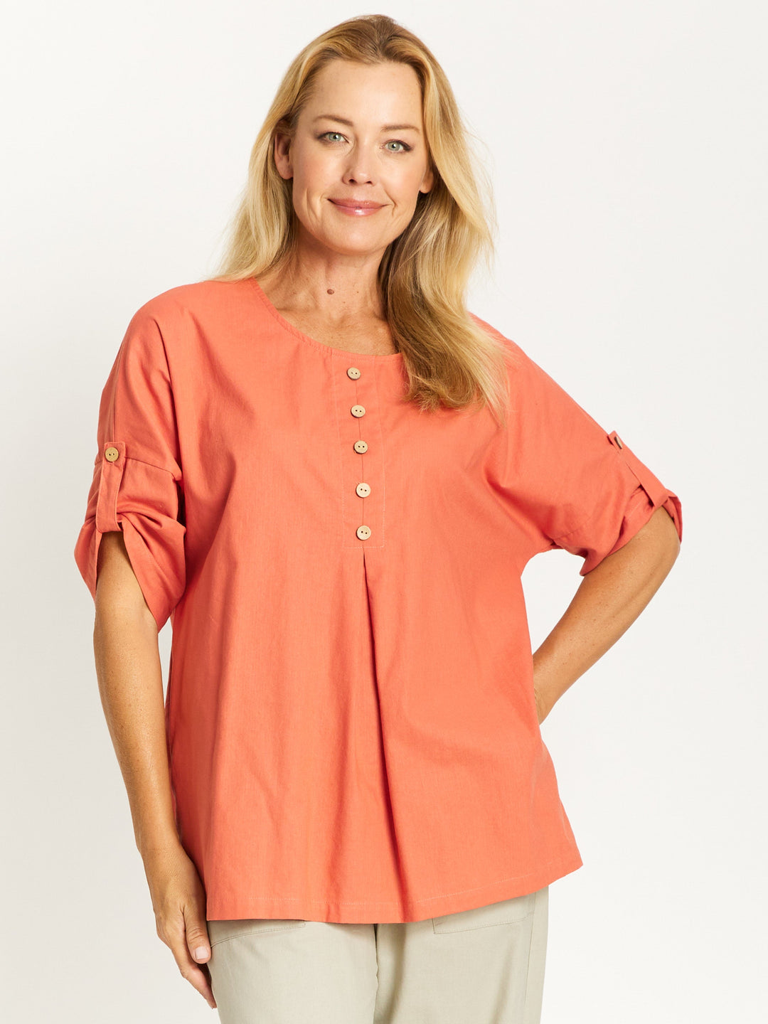 Button Invert Cotton Linen Top - Rust -32508