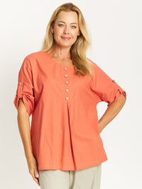 Button Invert Cotton Linen Top - Rust -32508
