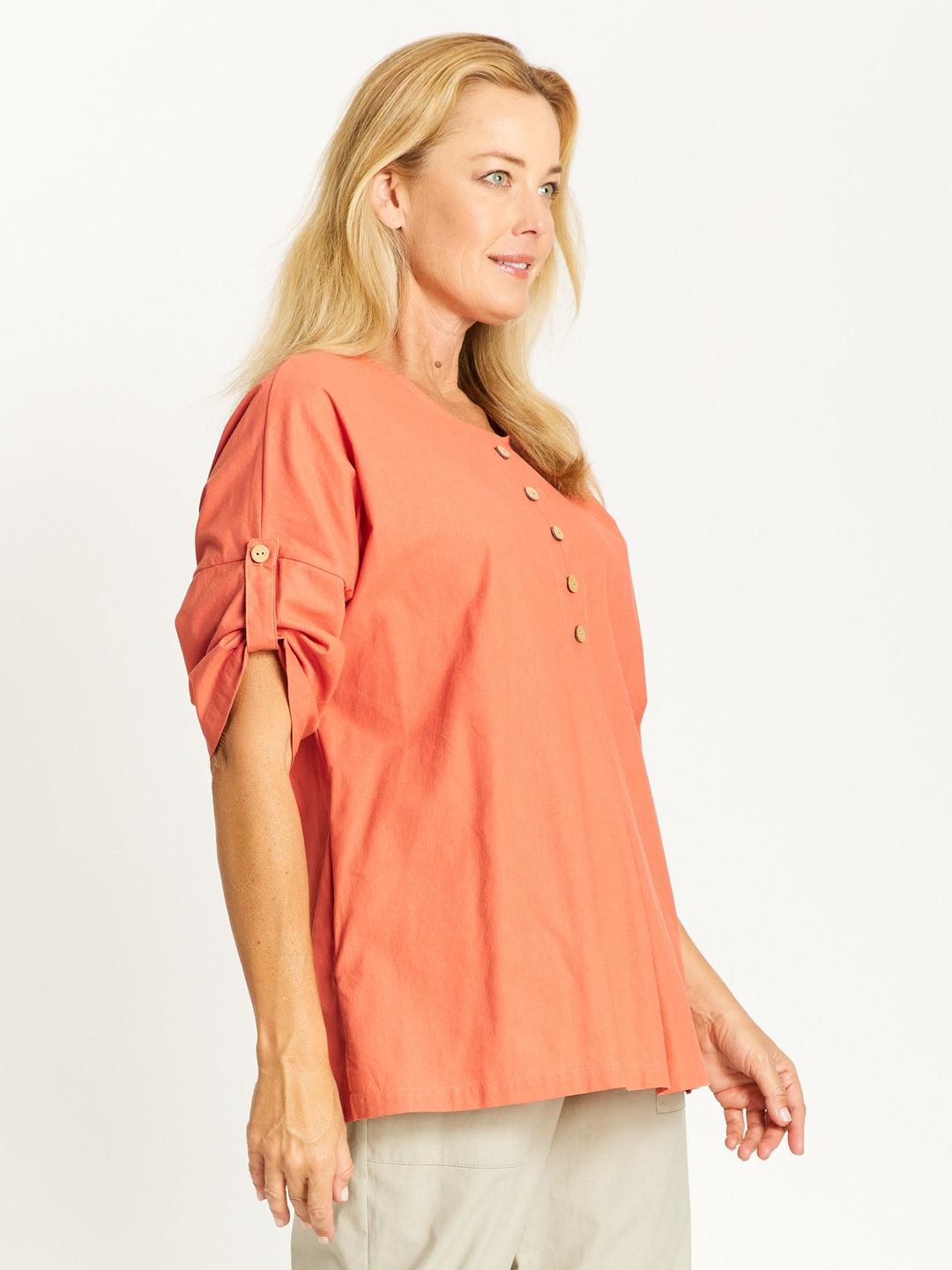 Button Invert Cotton Linen Top - Rust -32508