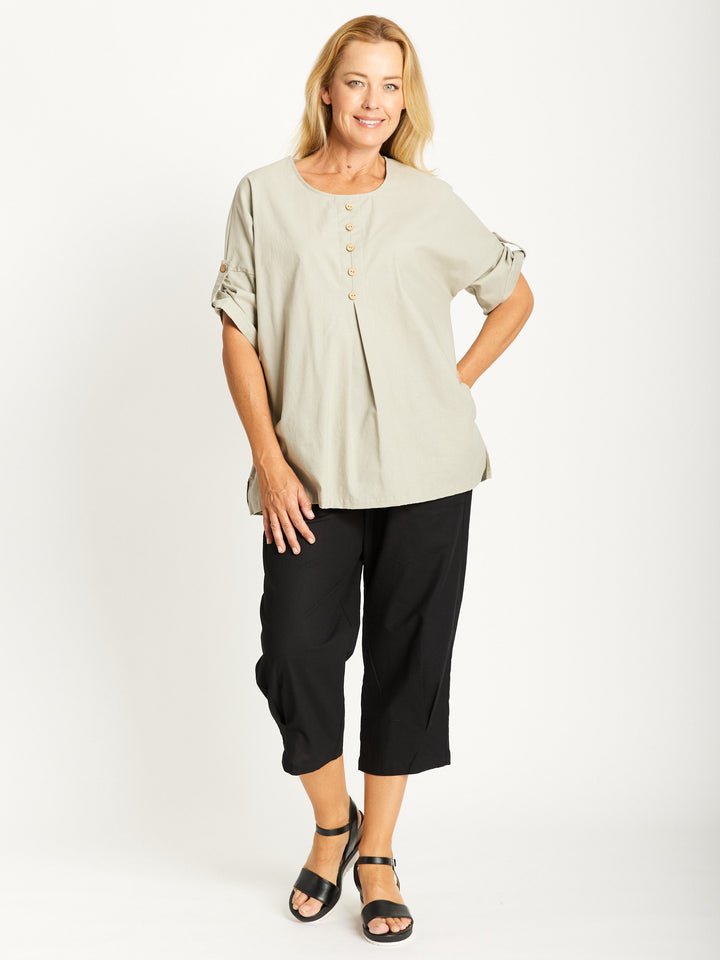 Button Invert Cotton Linen Top - Sand -32508