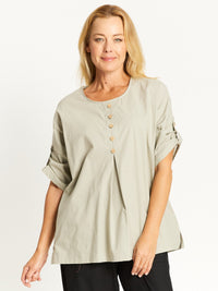 Button Invert Cotton Linen Top - Sand -32508
