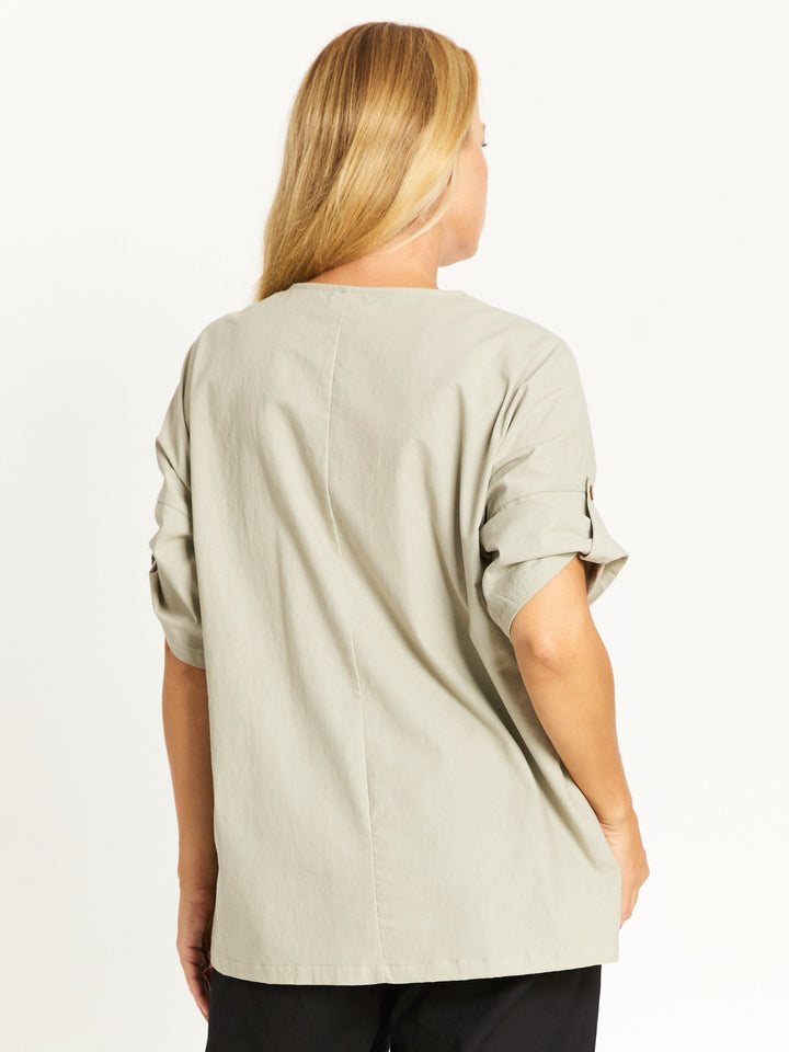 Button Invert Cotton Linen Top - Sand -32508
