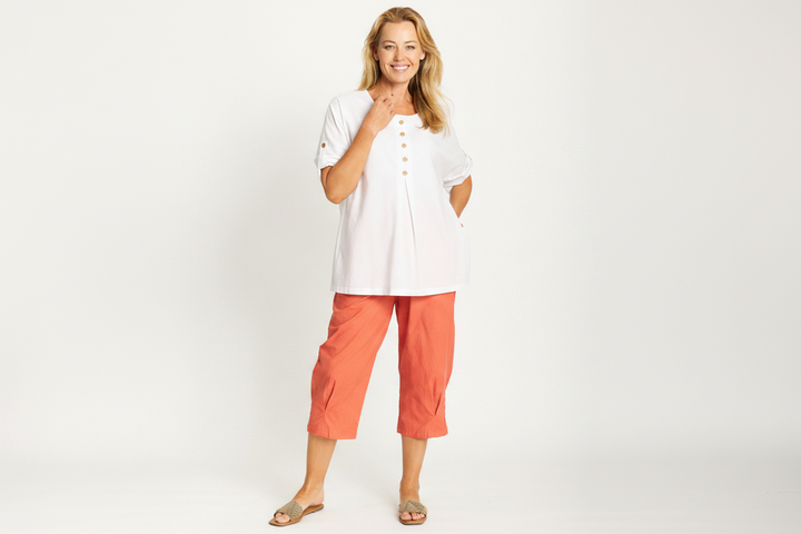 Button Invert Cotton Linen Top - White -32508