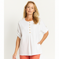 Button Invert Cotton Linen Top - White -32508