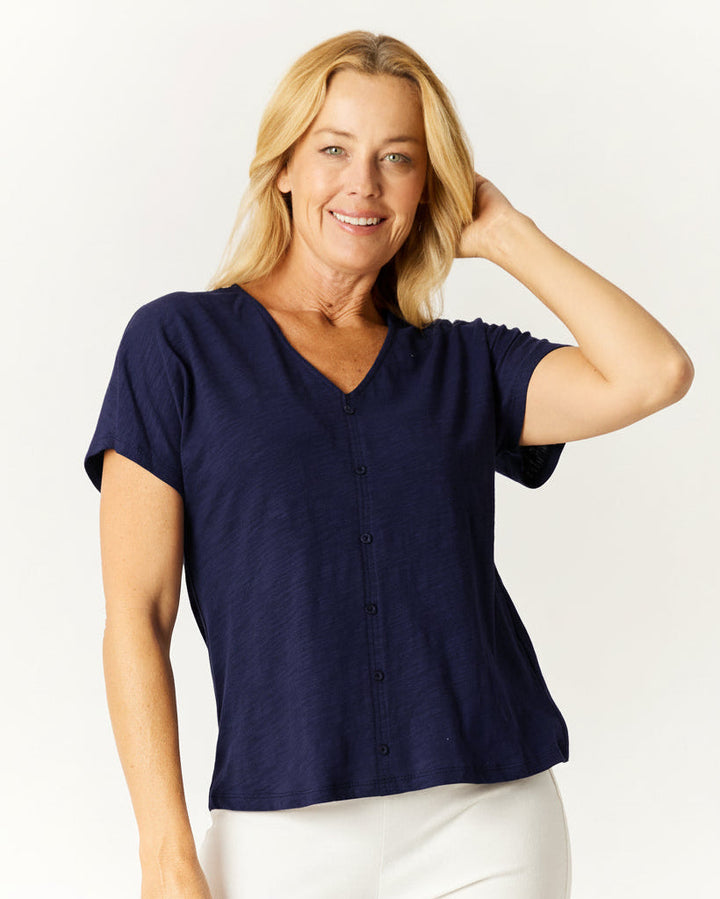Button Cotton Slub Tee - Navy -32532