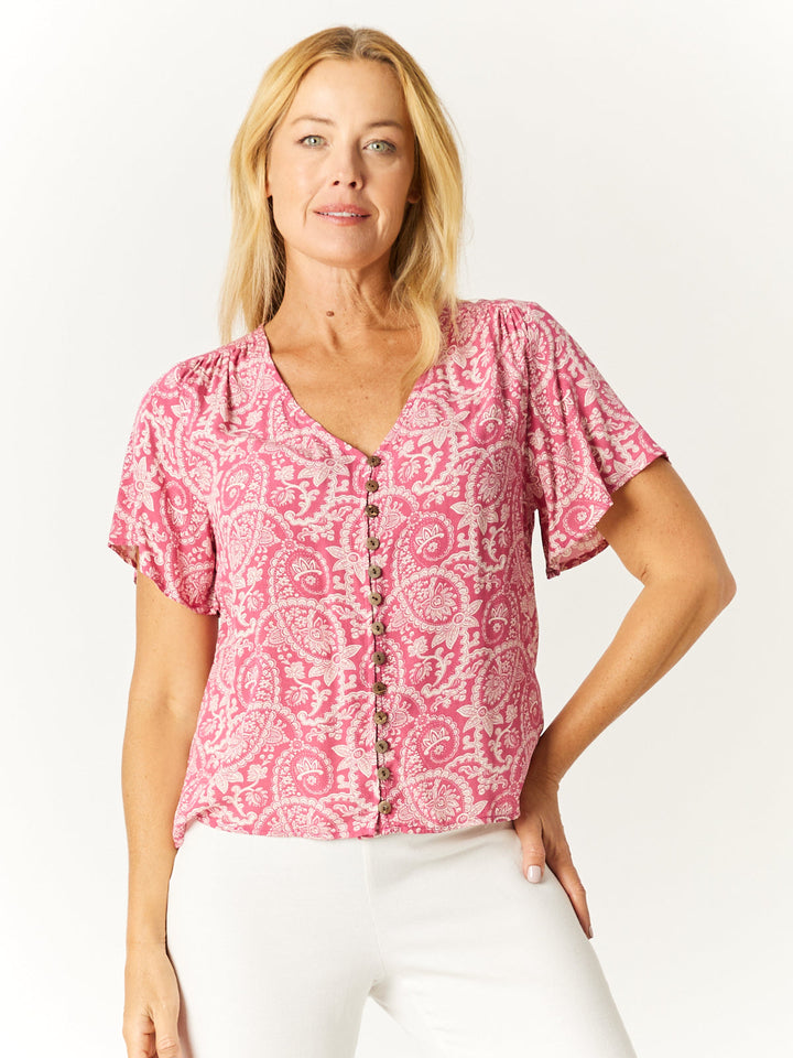 Print Button Top - Pink/White - 32565