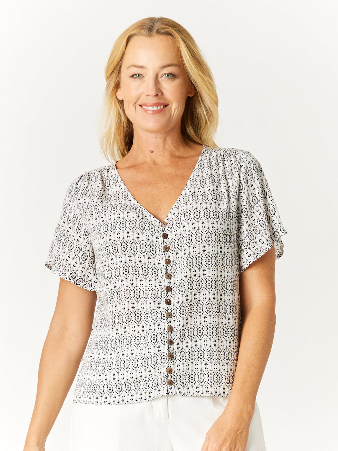 Print Button Top - White/Black - 32565