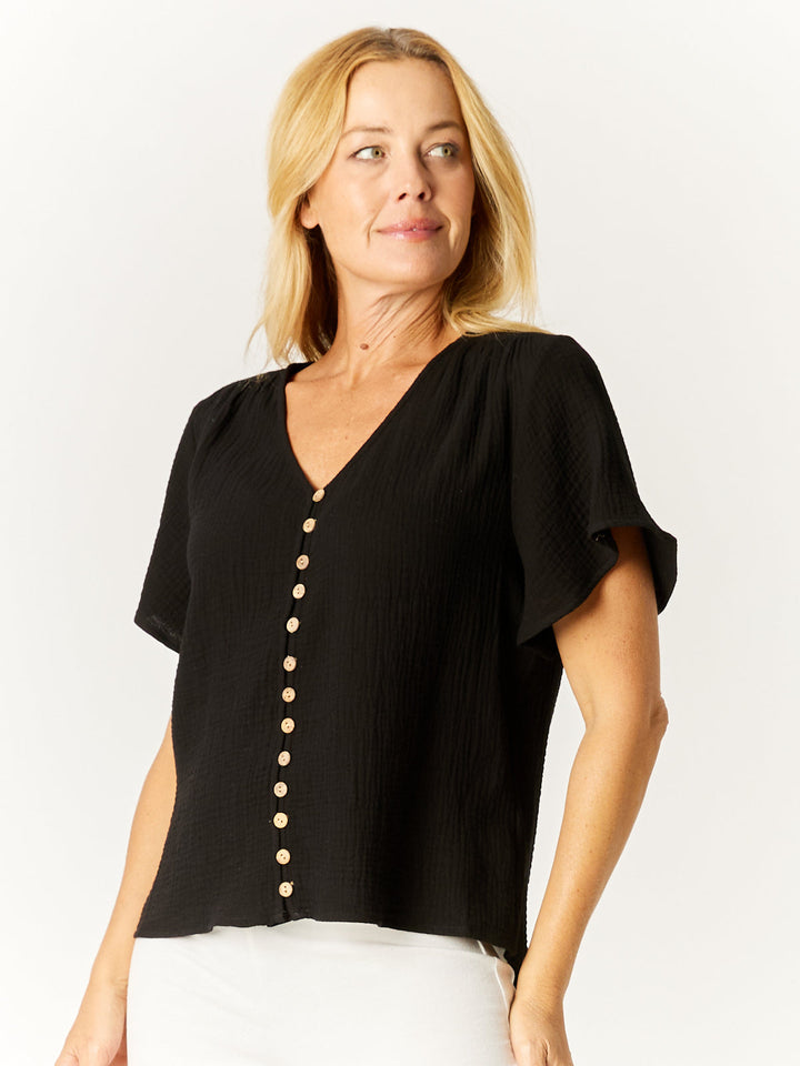 Tarin Cotton Button Top - Black - 32568