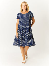 Flutter Sleeve Swing Dress - Navy/White -32571