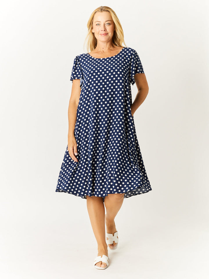 Flutter Sleeve Swing Dress - Navy/White -32571