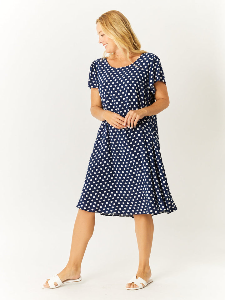 Flutter Sleeve Swing Dress - Navy/White -32571