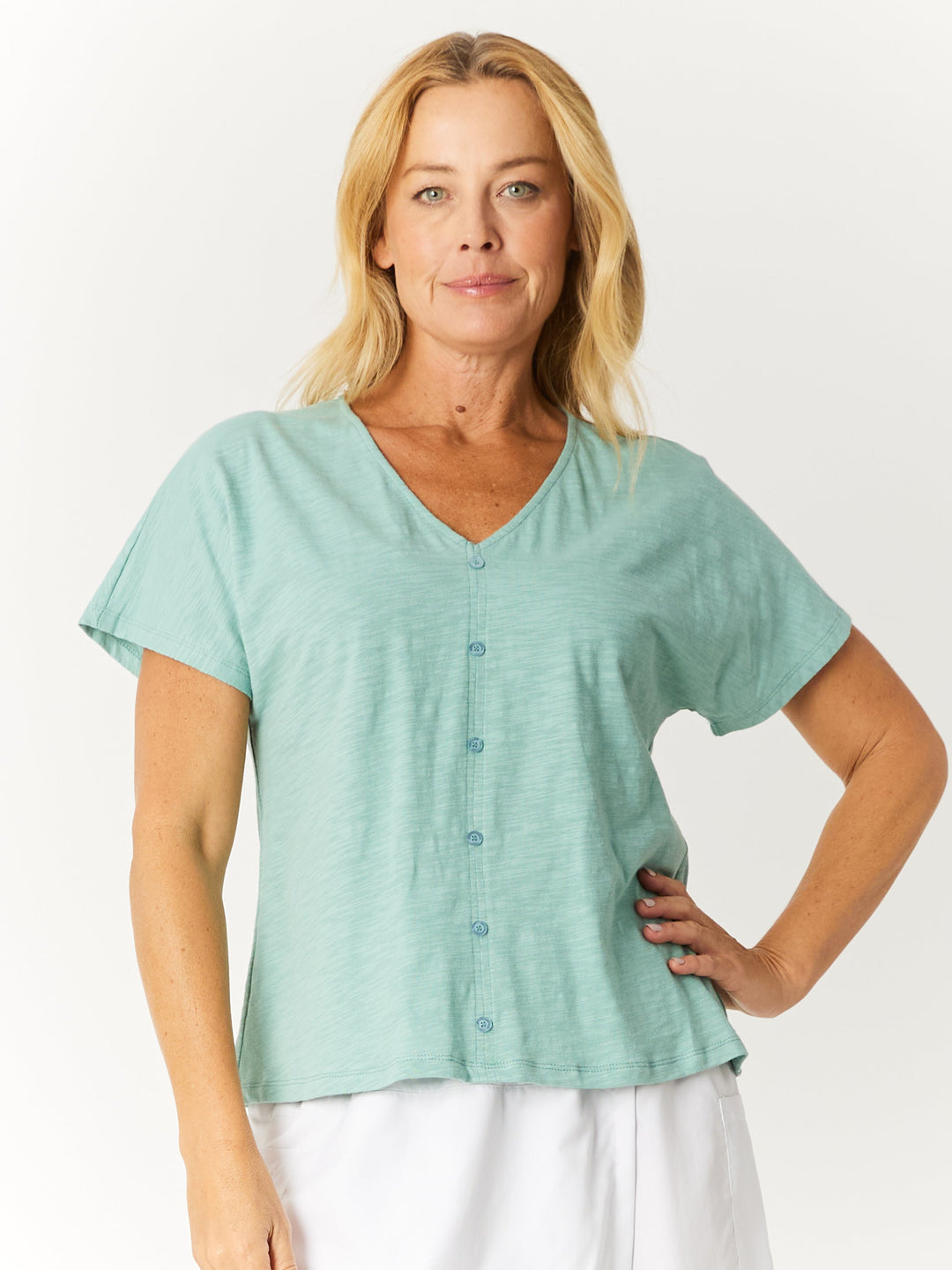 Button Cotton Slub Tee - Sage -32532