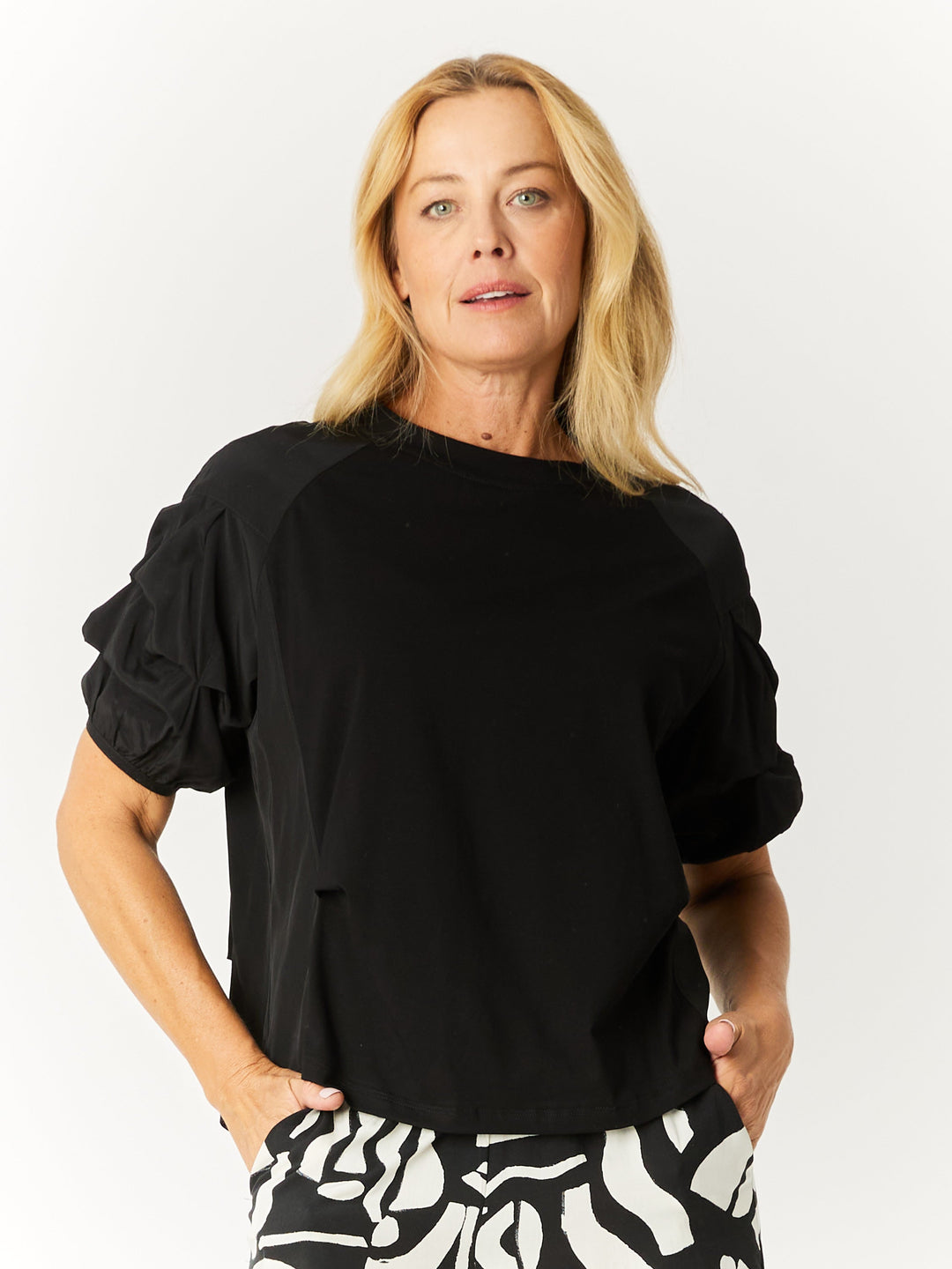 Rouched Sleeve Top - Black - 32562