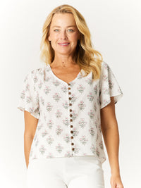 Dobi Flutter Button Top - White Floral- 32626