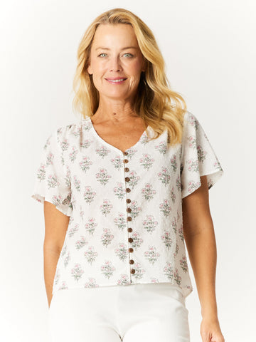Dobi Flutter Button Top - White Floral- 32626 - 