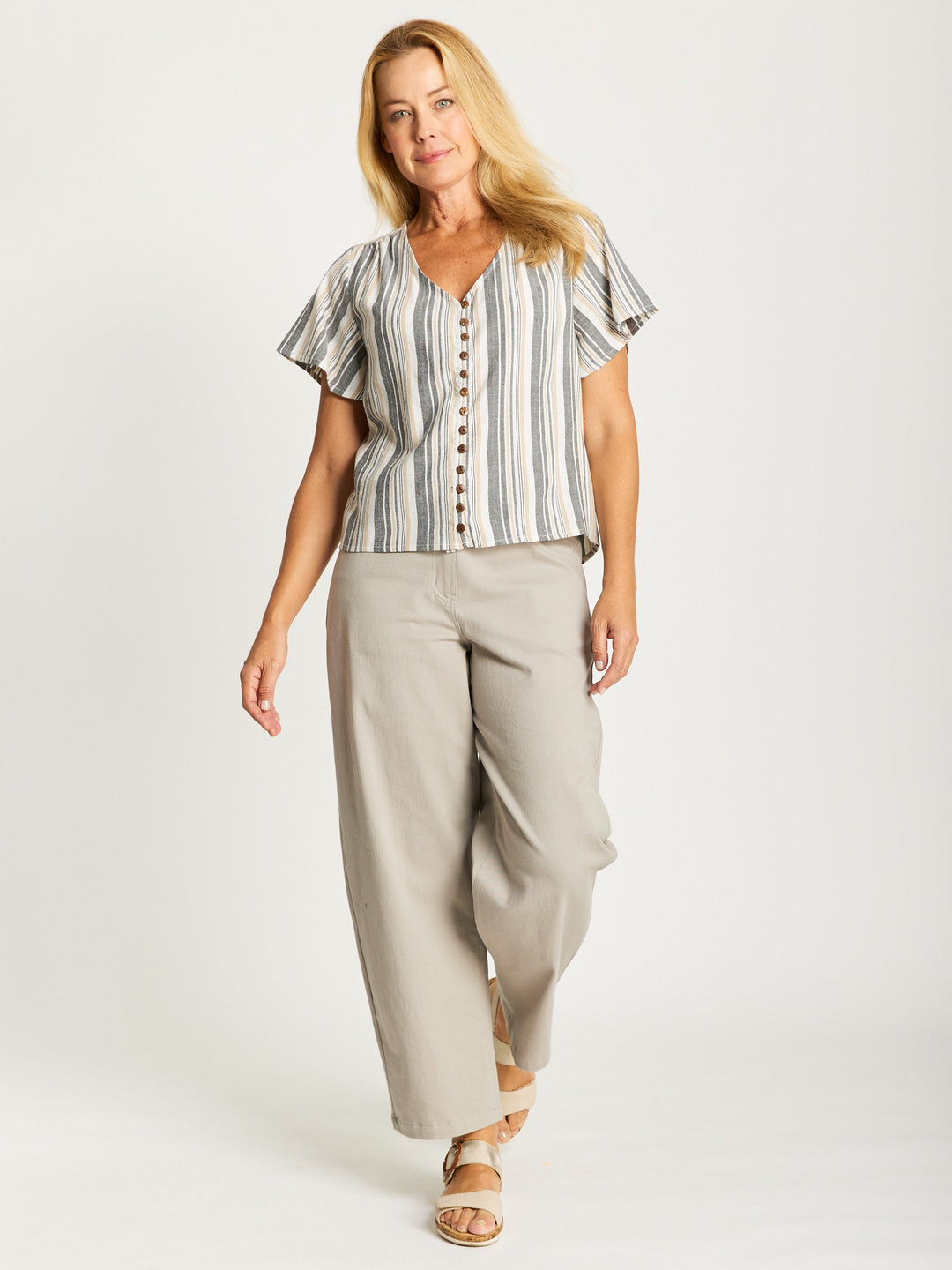 Stripe Button Top - White Floral- 32636