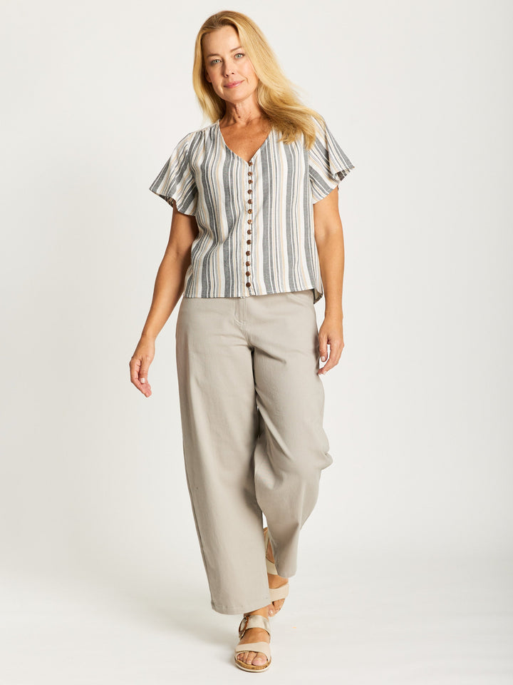 Stripe Button Top - White Floral- 32636