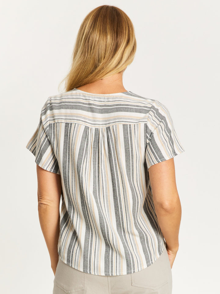 Stripe Button Top - White Floral- 32636