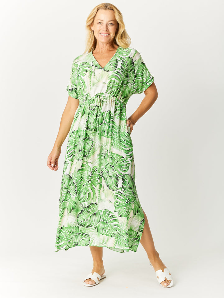 Kimono Rayon Dress - Green/White - 32649
