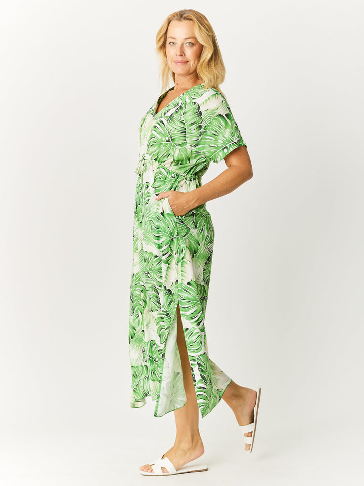 Kimono Rayon Dress - Green/White - 32649