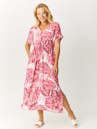Kimono Rayon Dress - Hotpink/White - 32649