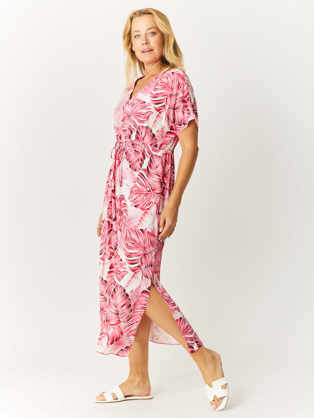 Kimono Rayon Dress - Hotpink/White - 32649