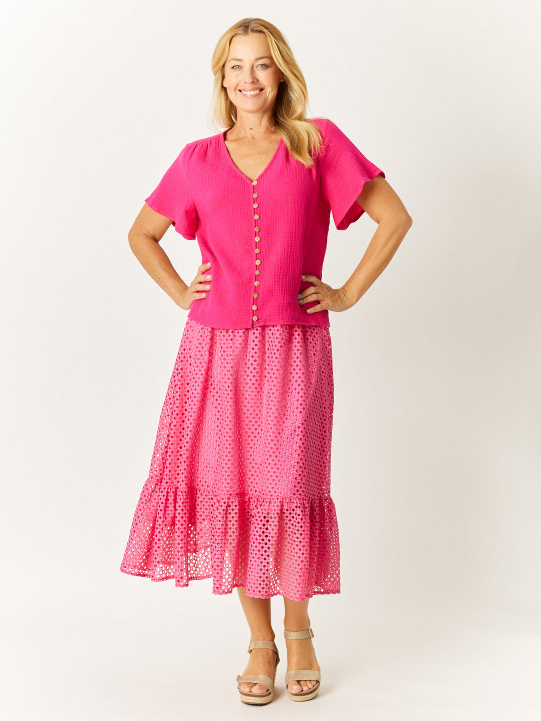 Tarin Cotton Button Top - Raspberry - 32568